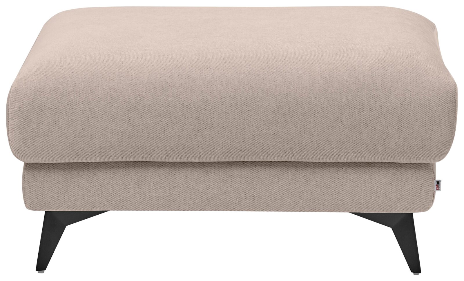 Beiger gepolsterter Sofa-Hocker/Fußhocker mit Stoffbezug und schwarzen schrägen Füßen, Produktansicht von vorne auf weißem Hintergrund