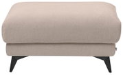 Beiger gepolsterter Sofa-Hocker/Fußhocker mit Stoffbezug und schwarzen schrägen Füßen, Produktansicht von vorne auf weißem Hintergrund