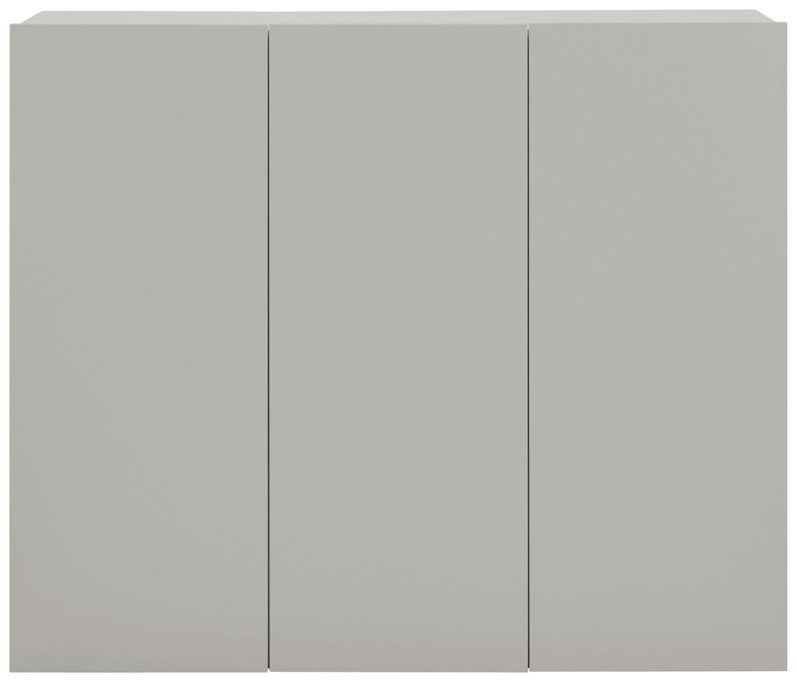 Frontansicht eines modernen, grauen Hängeschuhschranks mit drei Türen.