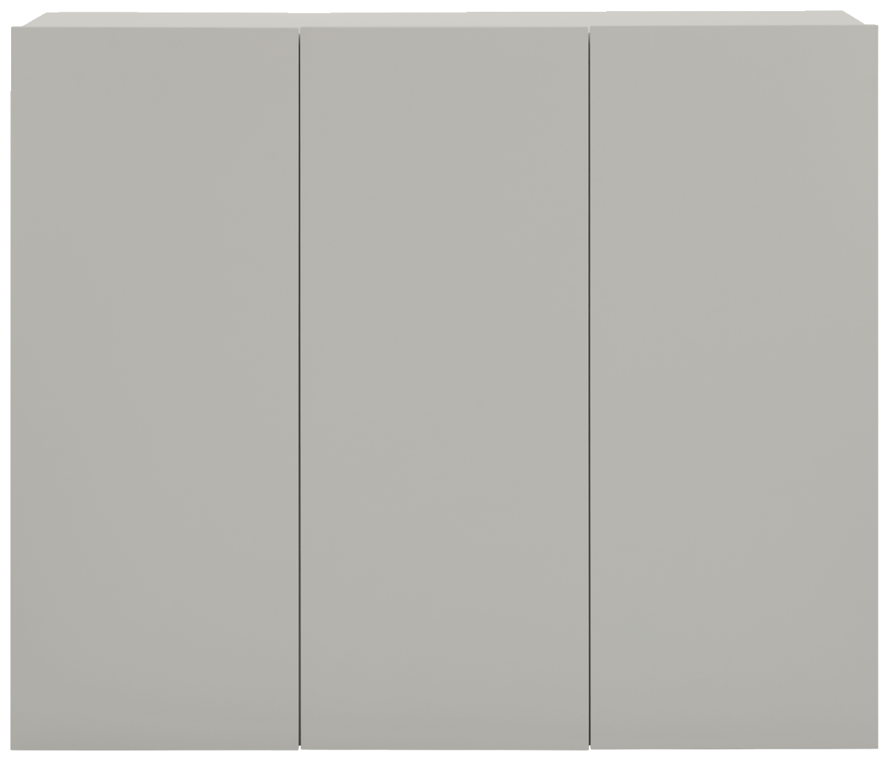 Frontansicht eines modernen, grauen Hängeschuhschranks mit drei Türen.