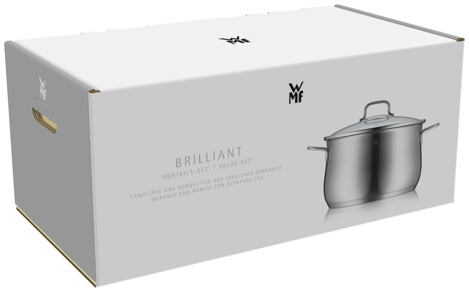 Verpackung des WMF Topfsets Brillant 4-tlg. mit einem Topf auf der rechten Seite, seitliche Perspektive