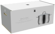 Verpackung des WMF Topfsets Brillant 4-tlg. mit einem Topf auf der rechten Seite, seitliche Perspektive