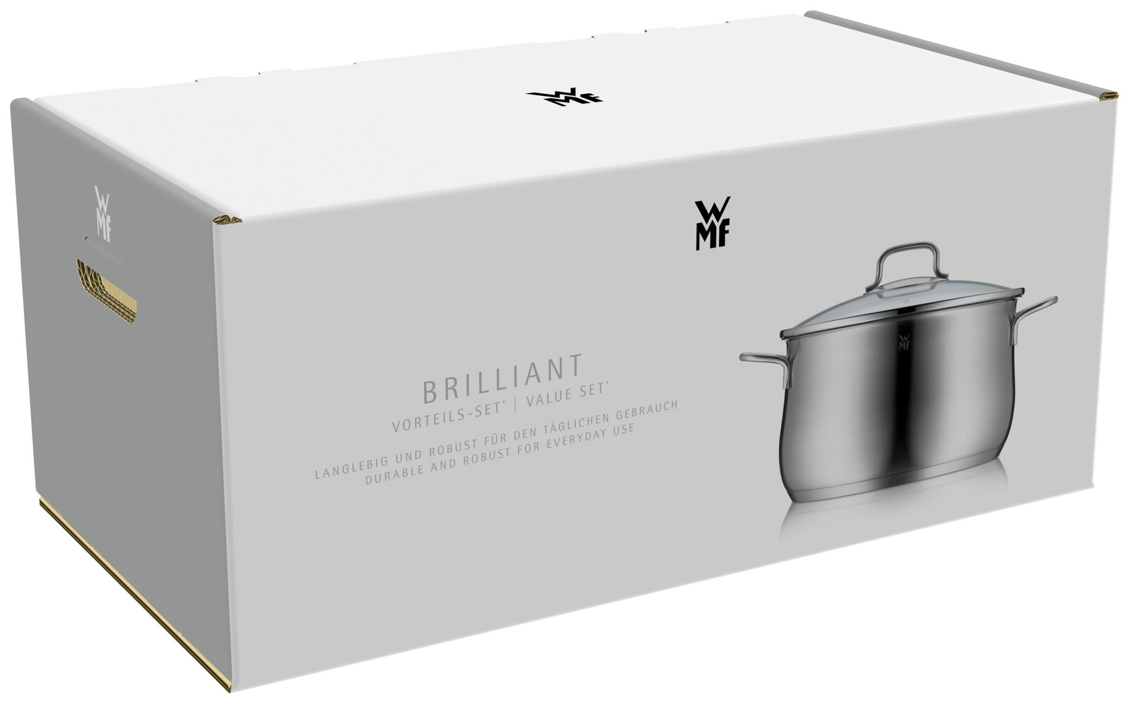 Verpackung des WMF Topfsets Brillant 4-tlg. mit einem Topf auf der rechten Seite, seitliche Perspektive