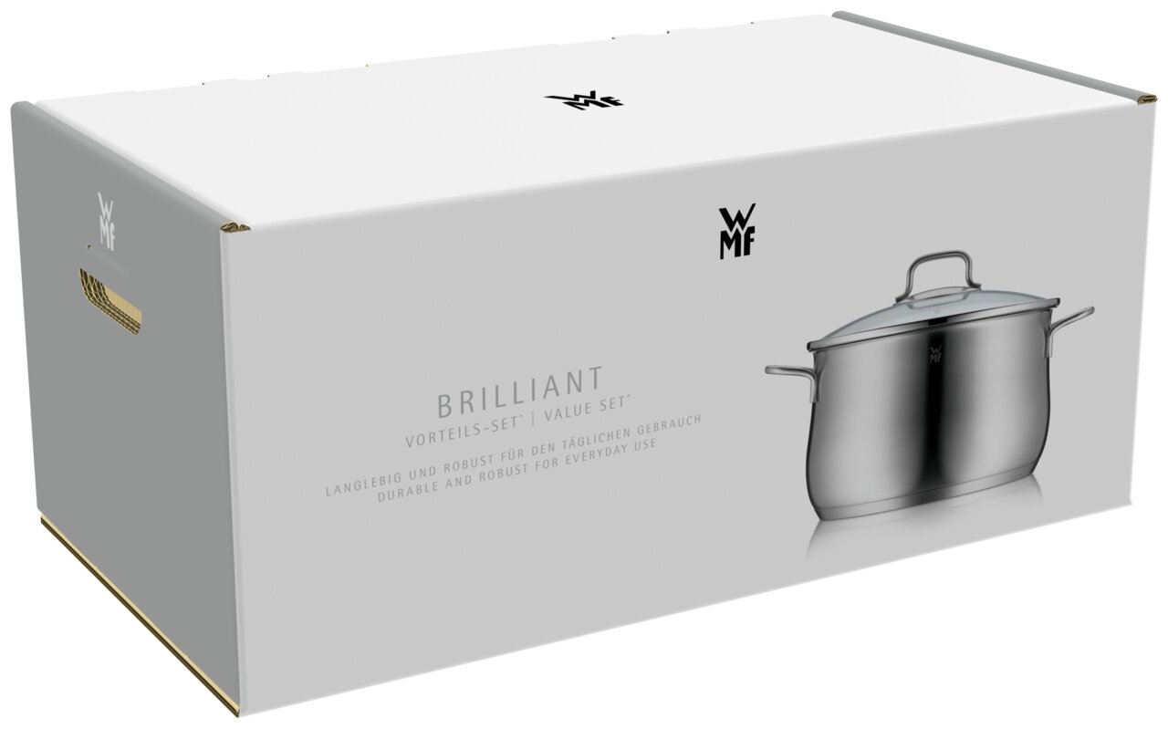 Verpackung des WMF Topfsets Brillant 4-tlg. mit einem Topf auf der rechten Seite, seitliche Perspektive