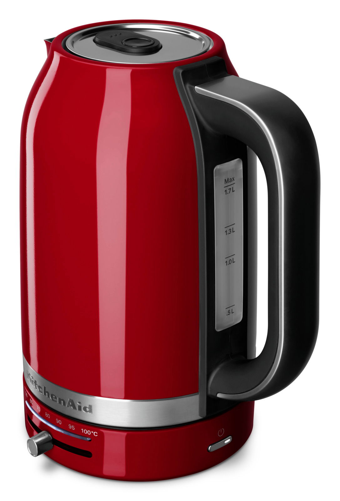 Roter Wasserkocher mit 1,7 Liter Fassungsvermögen, seitliche Ansicht mit Temperaturanzeige und ergonomischem Griff.