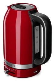 Roter Wasserkocher mit 1,7 Liter Fassungsvermögen, seitliche Ansicht mit Temperaturanzeige und ergonomischem Griff.