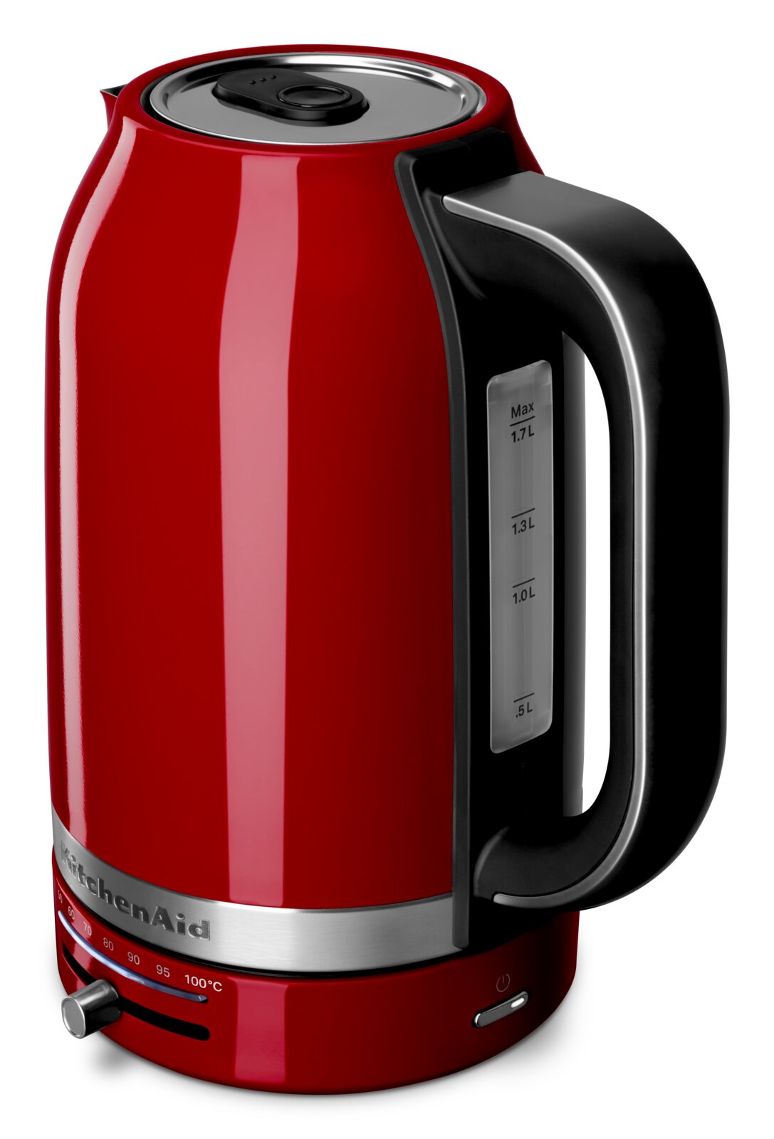 Roter Wasserkocher mit 1,7 Liter Fassungsvermögen, seitliche Ansicht mit Temperaturanzeige und ergonomischem Griff.