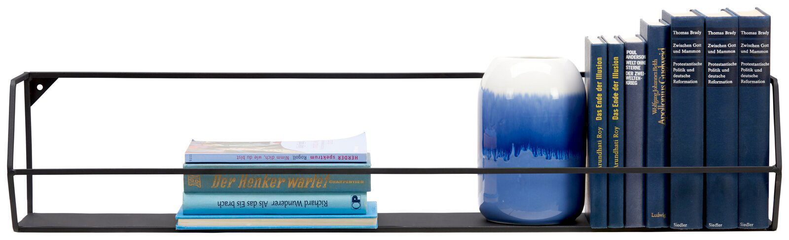 Frontale Ansicht eines schwarzen Wandregals mit Büchern und einer blauen Vase.