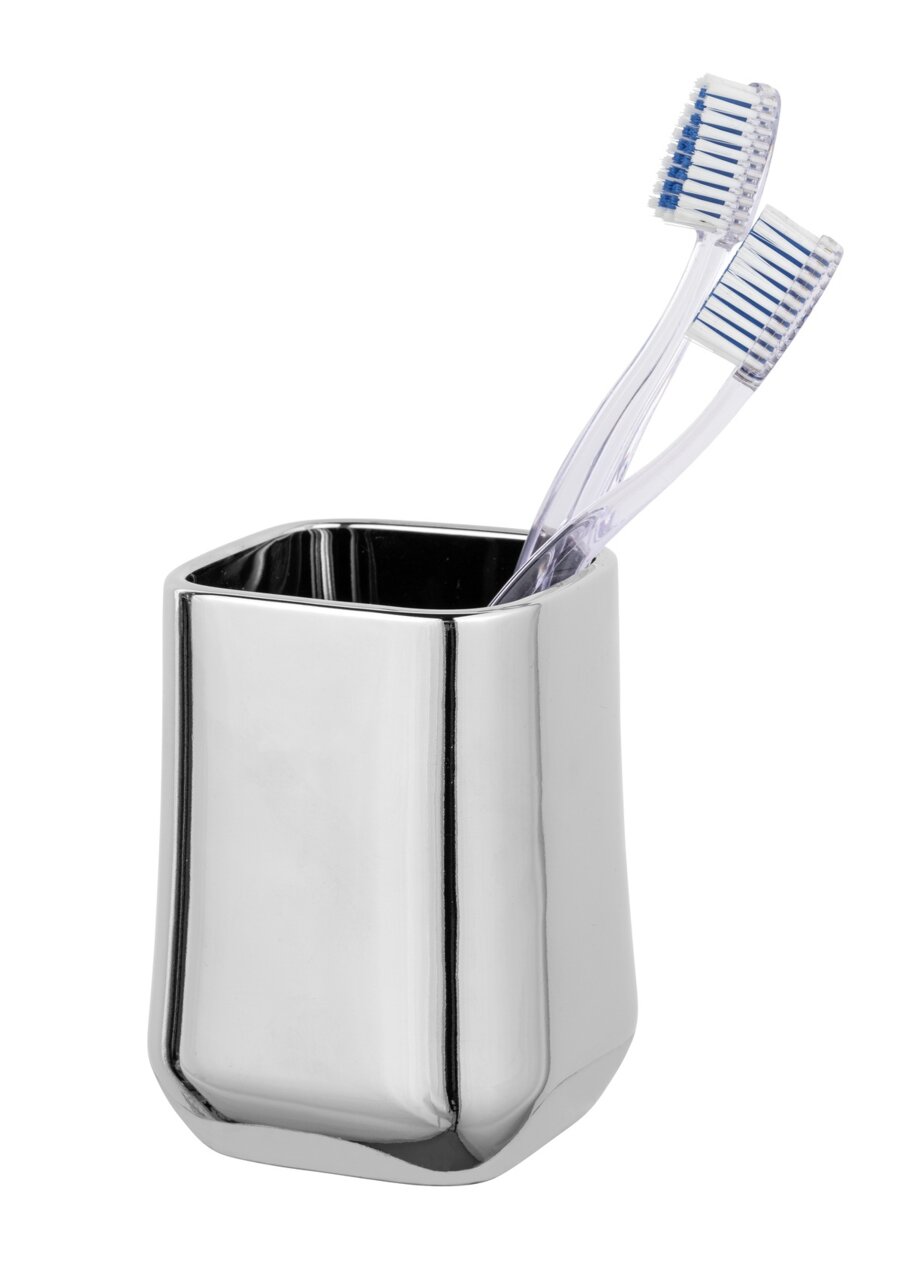 Schöner Wohnen Zahnputzbecher ADINE Silberner Keramik Zahnputzbecher Adine mit zwei Zahnbürsten, seitliche Perspektive