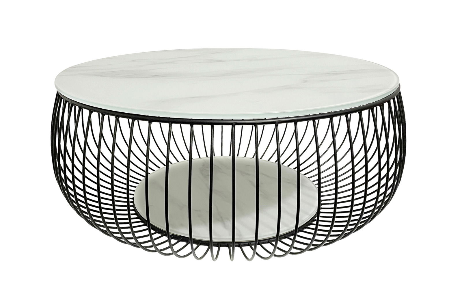 Moderner Couchtisch mit rundem Marmor-Design und schwarzem Metallgestell, seitliche Perspektive