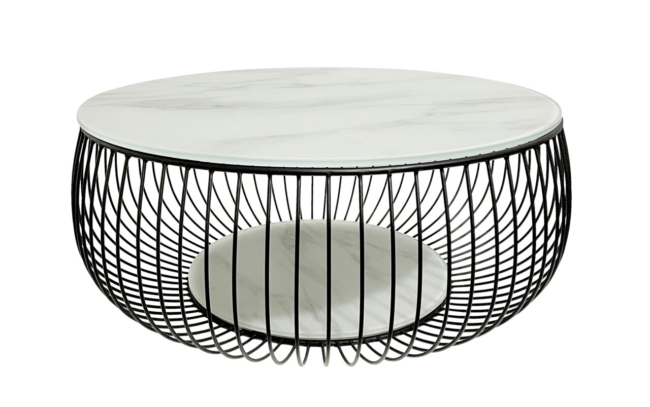 Moderner Couchtisch mit rundem Marmor-Design und schwarzem Metallgestell, seitliche Perspektive