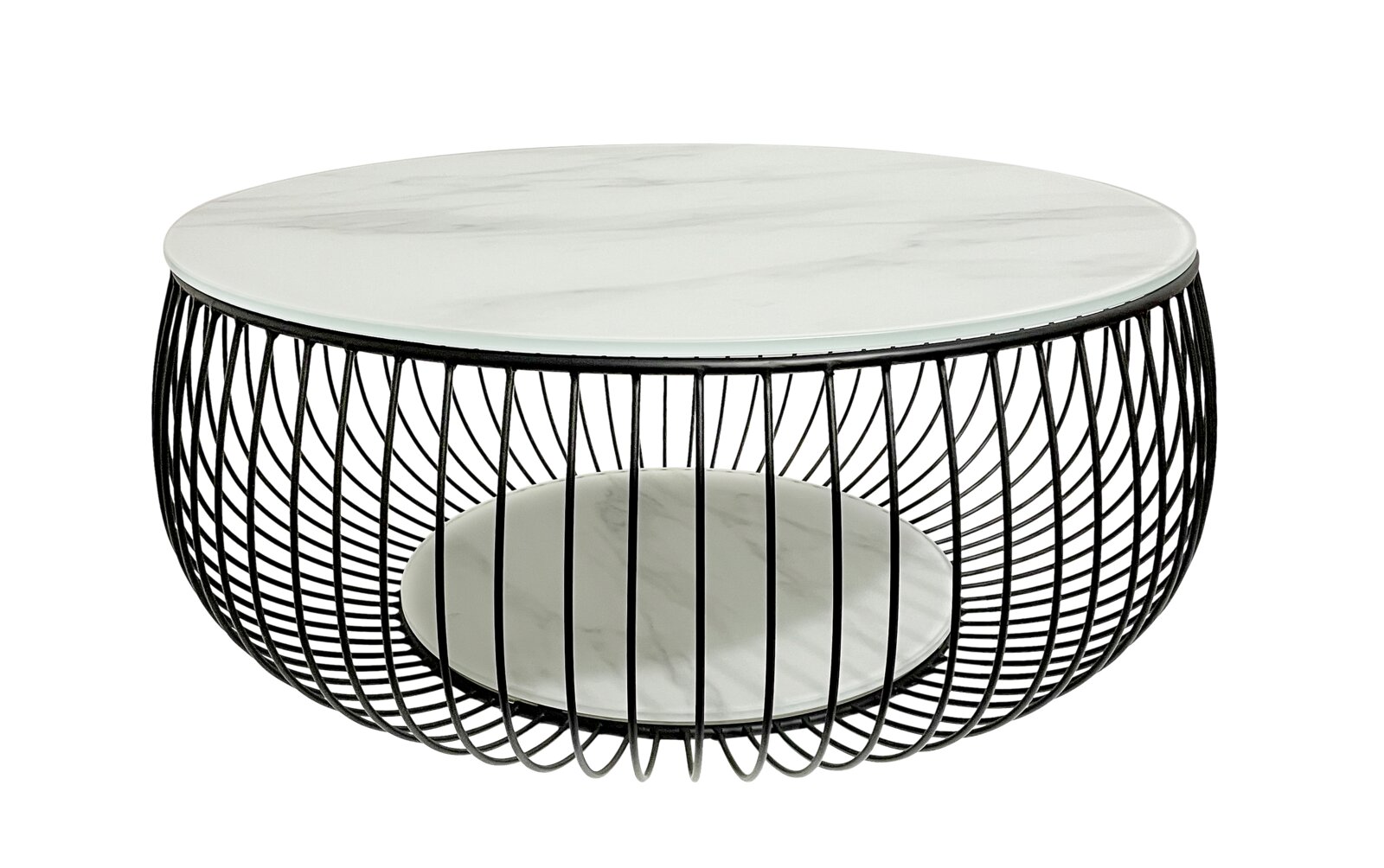 Moderner Couchtisch mit rundem Marmor-Design und schwarzem Metallgestell, seitliche Perspektive