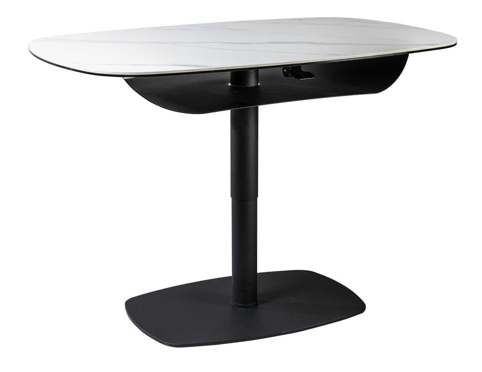 Moderner Couchtisch mit weißer Tischplatte und schwarzem Gestell, seitliche Perspektive