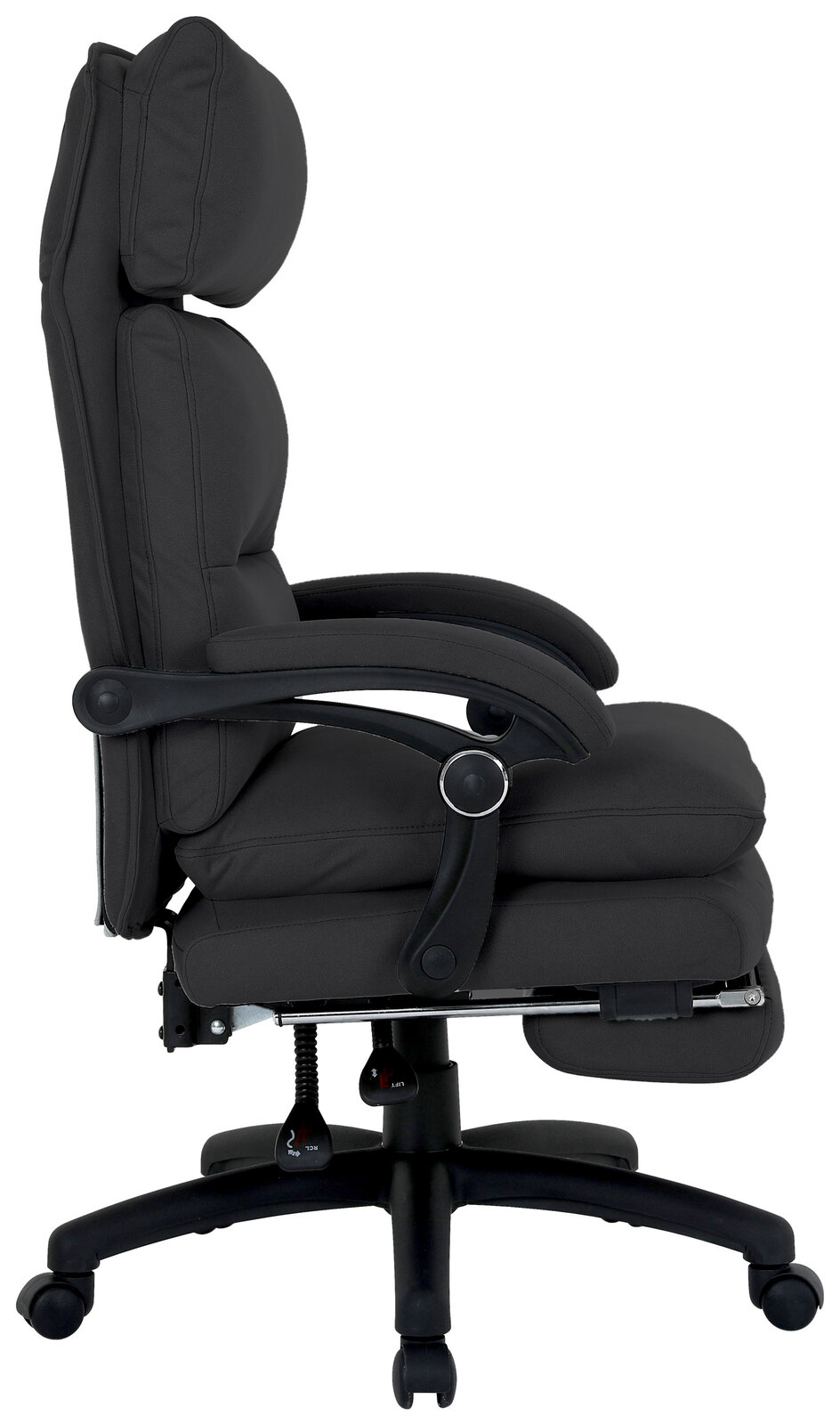 Schwarzer Chefsessel in Seitenansicht mit gepolsterten Armlehnen und verstellbarer Rückenlehne.