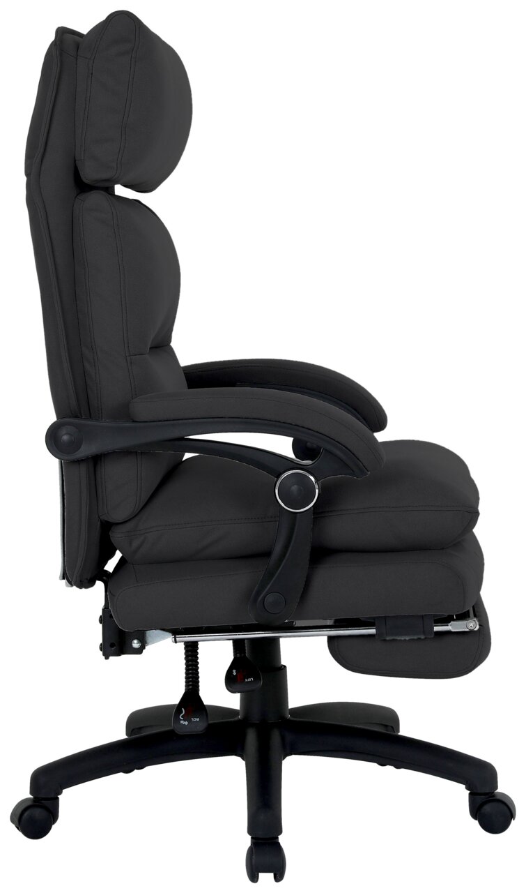 Schwarzer Chefsessel in Seitenansicht mit gepolsterten Armlehnen und verstellbarer Rückenlehne.