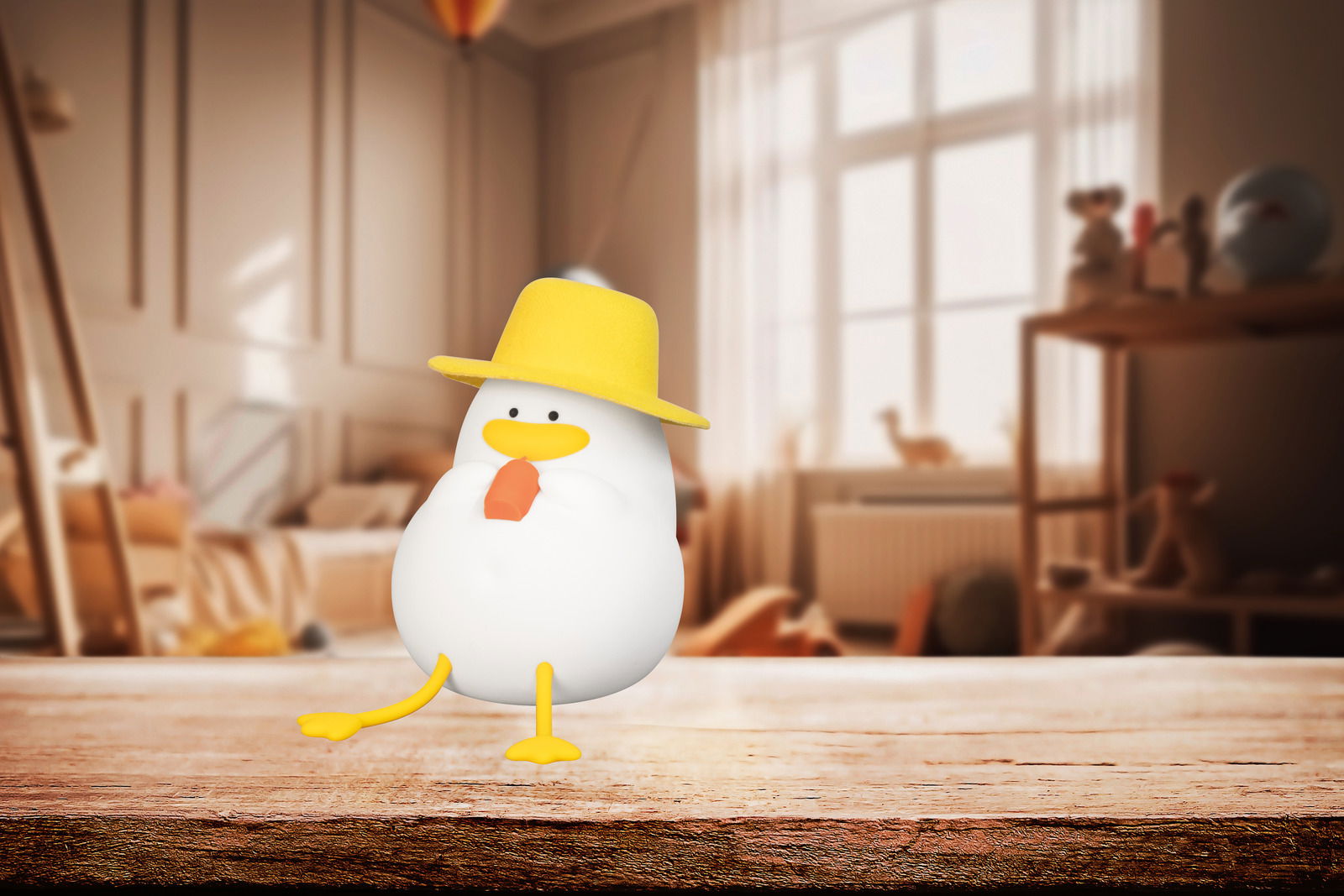 Niedliches Akku-Nachtlicht in Form einer Ente mit gelbem Hut und orangefarbenem Schnabel, auf einem Holztisch in einem gemütlichen Kinderzimmer platziert, seitliche Perspektive.
