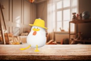Niedliches Akku-Nachtlicht in Form einer Ente mit gelbem Hut und orangefarbenem Schnabel, auf einem Holztisch in einem gemütlichen Kinderzimmer platziert, seitliche Perspektive.