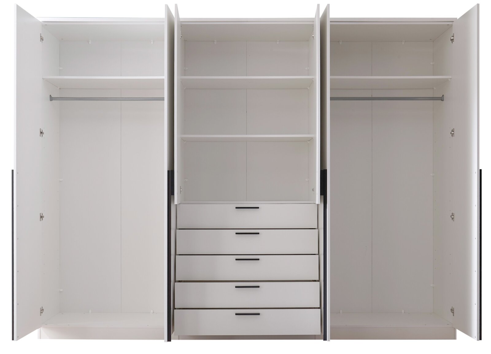 Offener 6-türiger Drehtürenschrank mit mehreren Regalböden und Schubladen, frontal betrachtet.