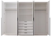 Offener 6-türiger Drehtürenschrank mit mehreren Regalböden und Schubladen, frontal betrachtet.