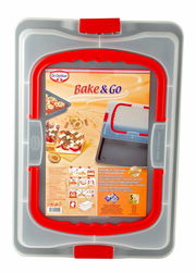 Backblech 29x42 cm Bake&Go mit rotem Griff und Transporthaube, Draufsicht