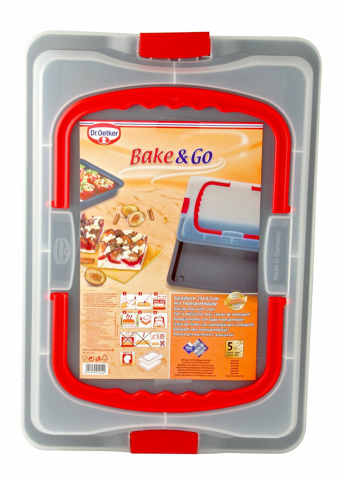 Backblech 29x42 cm Bake&Go mit rotem Griff und Transporthaube, Draufsicht