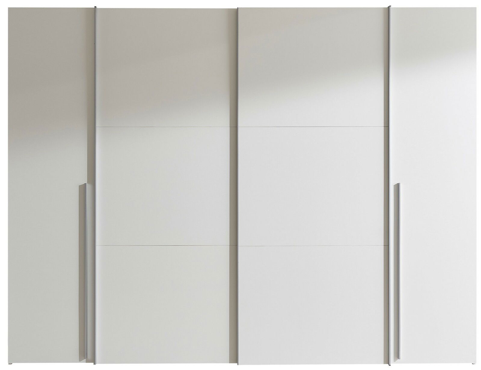 Moderner weißer Dreh- und Schwebetürenschrank mit vier Türen, frontal betrachtet.