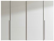 Moderner weißer Dreh- und Schwebetürenschrank mit vier Türen, frontal betrachtet.