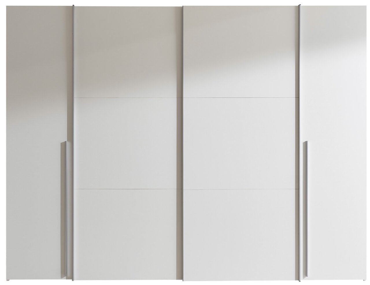 Moderner weißer Dreh- und Schwebetürenschrank mit vier Türen, frontal betrachtet.
