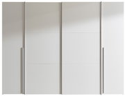 Moderner weißer Dreh- und Schwebetürenschrank mit vier Türen, frontal betrachtet.