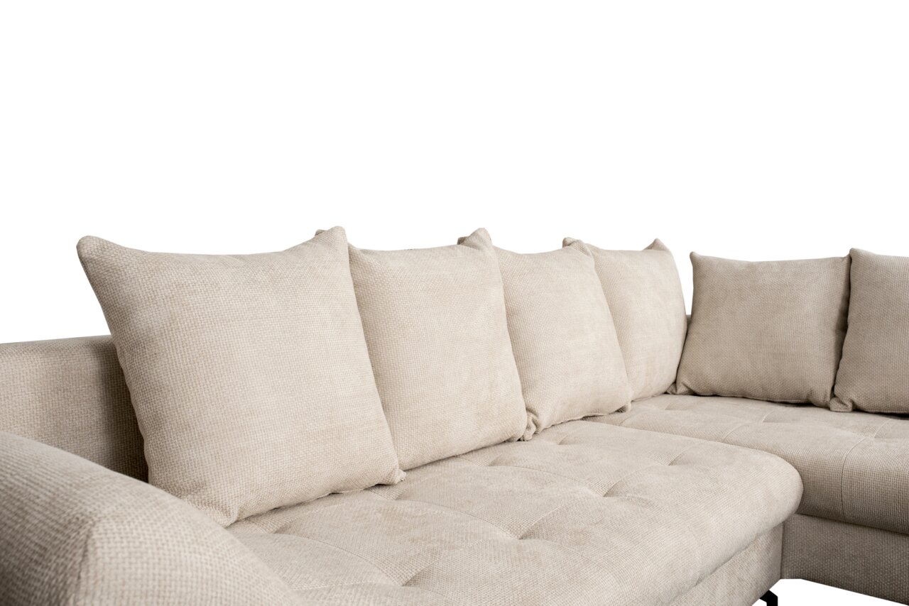 Beige Ecksofa METZ mit Ottomane rechts, Nahaufnahme von der Seite