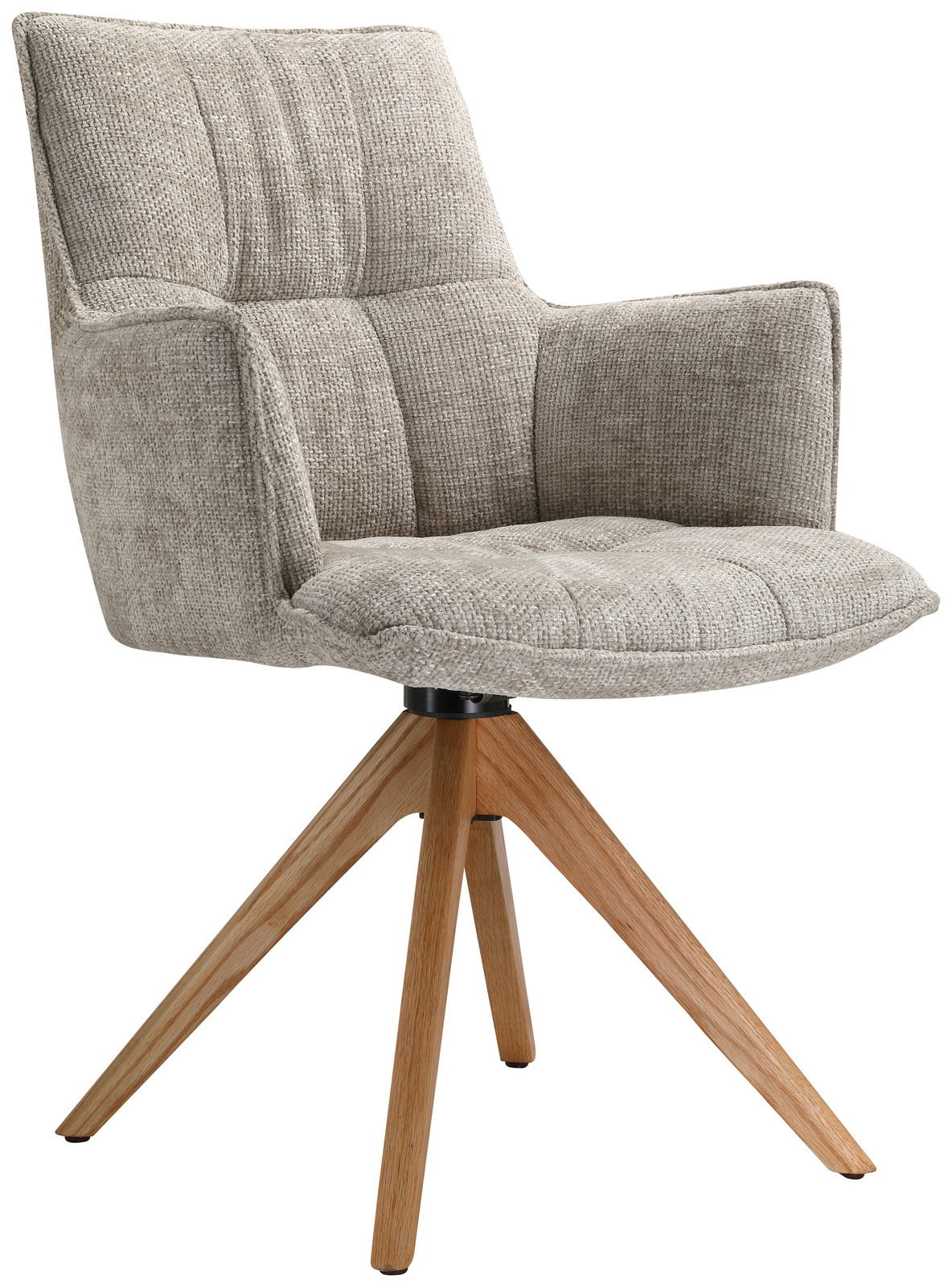 Moderner Sessel mit hellgrauem Stoffbezug und Holzbeinen, seitliche Perspektive