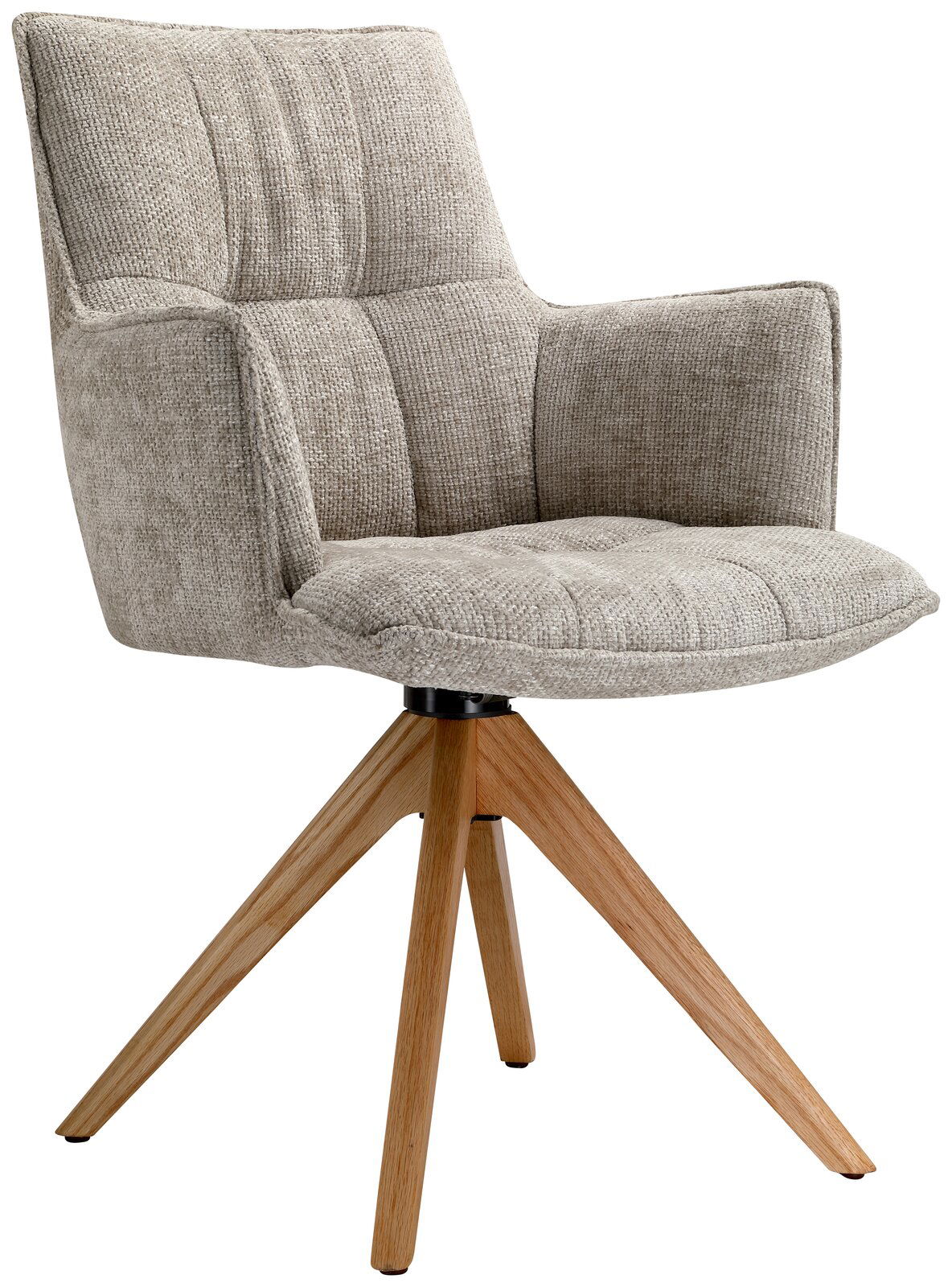 Moderner Sessel mit hellgrauem Stoffbezug und Holzbeinen, seitliche Perspektive