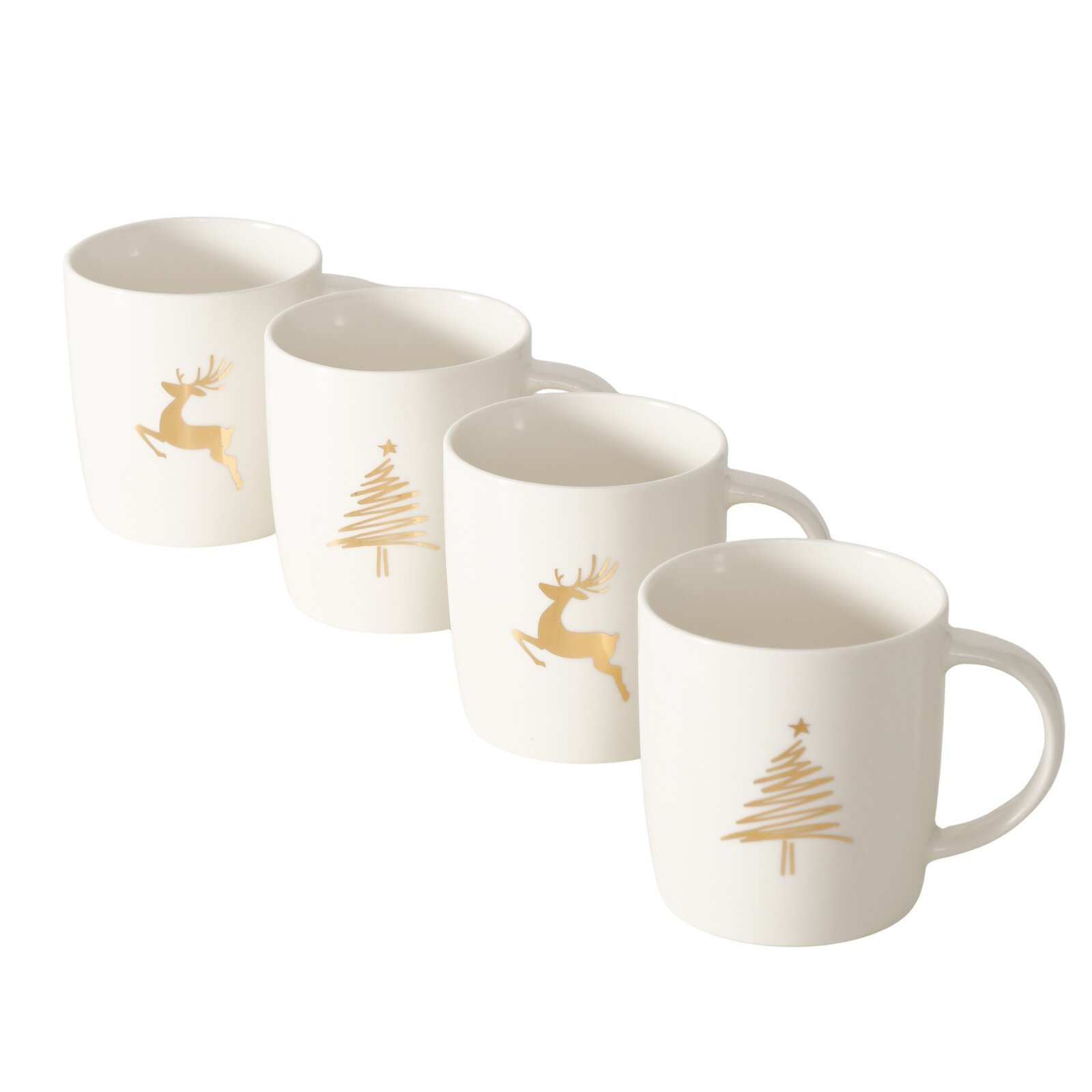 Vier weiße Becher mit goldenen Weihnachtsmotiven, darunter Rentiere und Tannenbäume, in einer diagonalen Anordnung von links nach rechts.