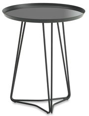 Moderner schwarzer Beistelltisch mit runder Tischplatte und filigranem Metallgestell, seitliche Perspektive
