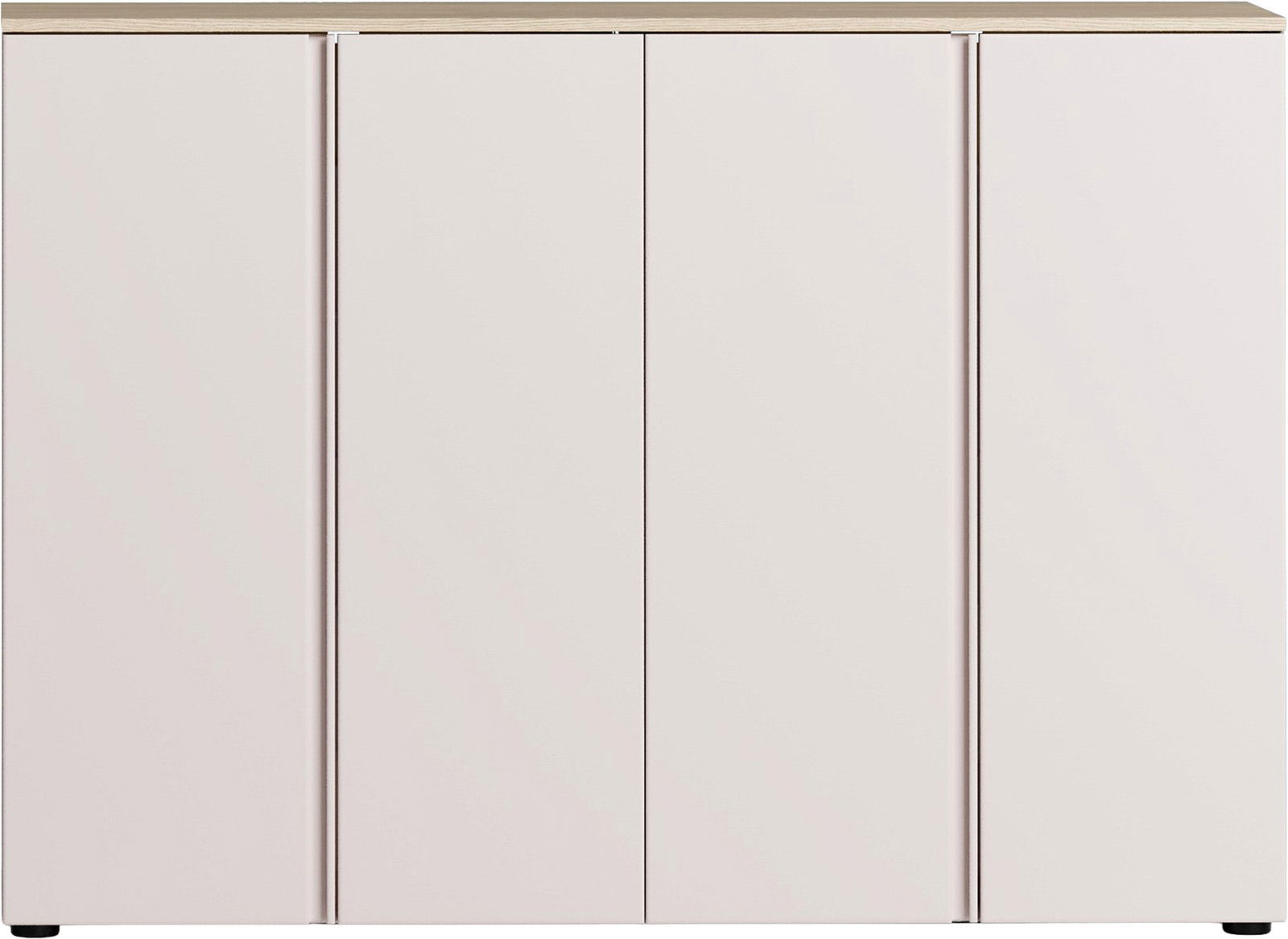 Frontansicht eines modernen, weißen XXL-Schuhschranks mit vier Türen und einer Holzplatte oben.