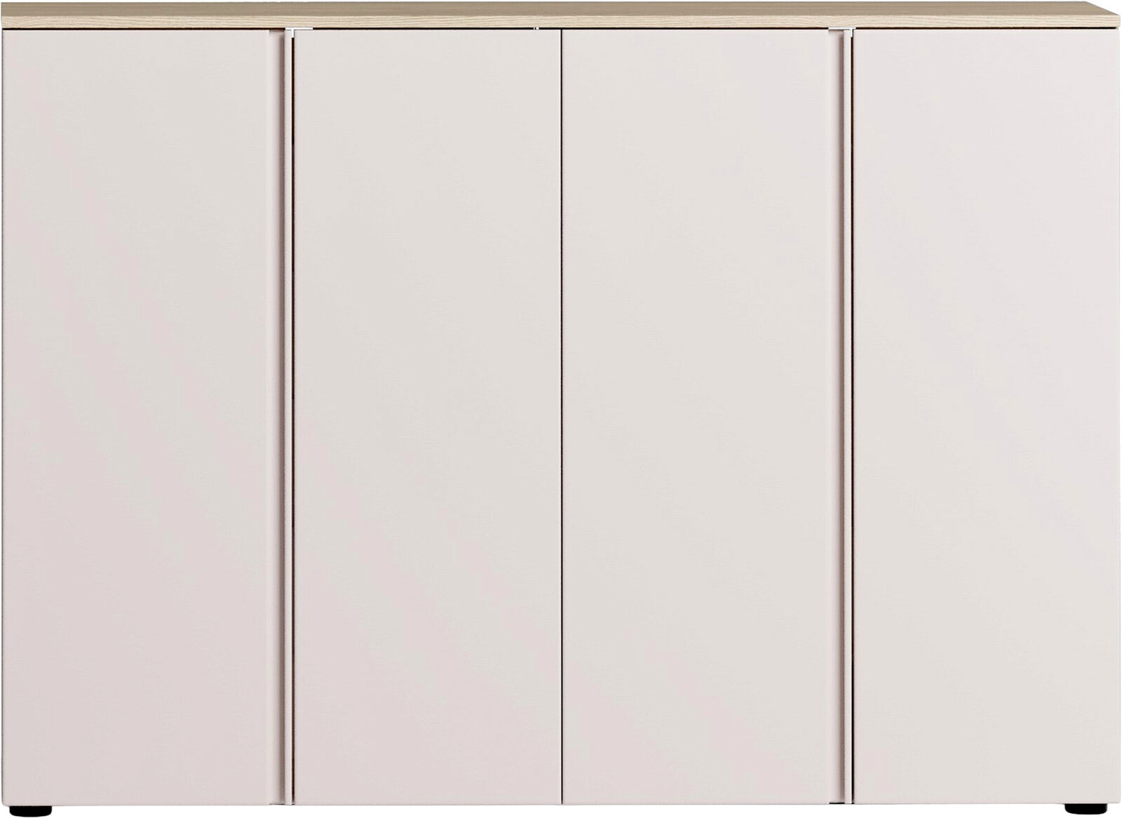 Frontansicht eines modernen, weißen XXL-Schuhschranks mit vier Türen und einer Holzplatte oben.