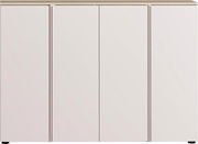 Frontansicht eines modernen, weißen XXL-Schuhschranks mit vier Türen und einer Holzplatte oben.