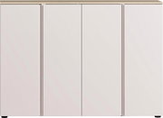 Frontansicht eines modernen, weißen XXL-Schuhschranks mit vier Türen und einer Holzplatte oben.