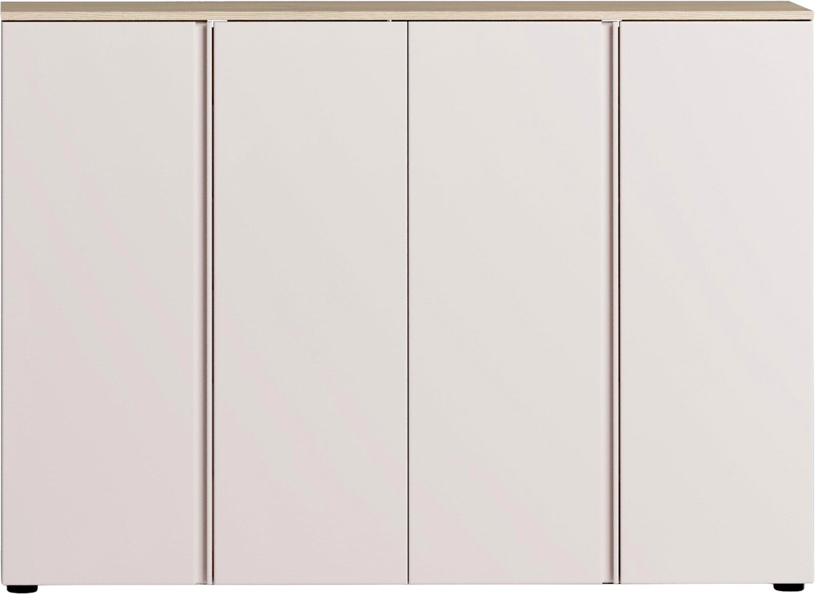 Frontansicht eines modernen, weißen XXL-Schuhschranks mit vier Türen und einer Holzplatte oben.