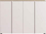 Frontansicht eines modernen, weißen XXL-Schuhschranks mit vier Türen und einer Holzplatte oben.