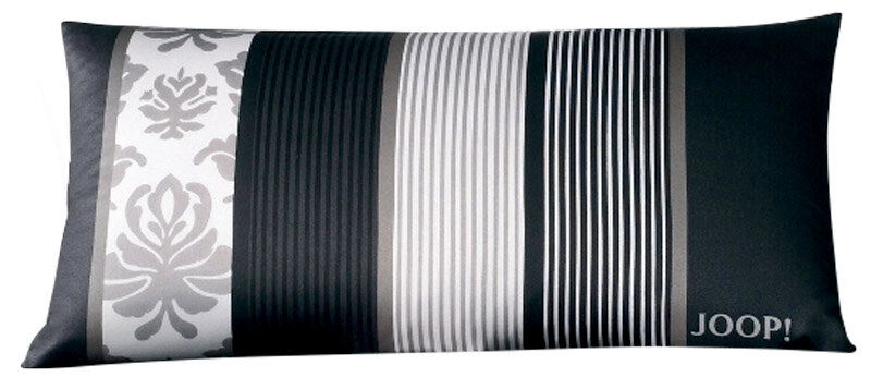JOOP! Kissenbezug ORNAMENT STRIPE EX Kissenbezug mit Streifen- und Ornamentmuster in Schwarz, Weiß und Grau, mit der Aufschrift 'JOOP!' in der rechten unteren Ecke, Vorderansicht.