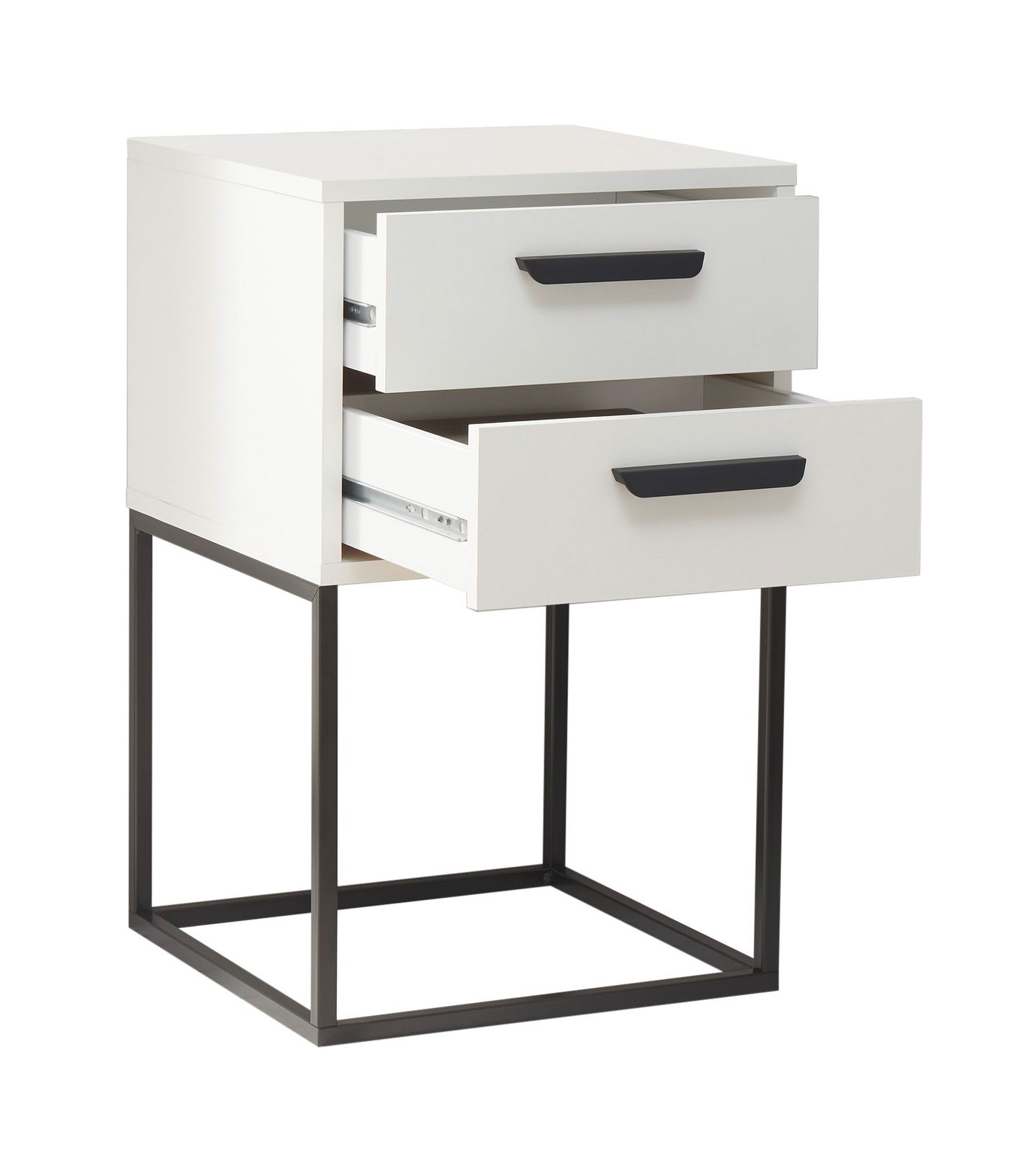 Moderne weiße Nachtkommode mit zwei offenen Schubladen und schwarzem Metallgestell, seitliche Perspektive
