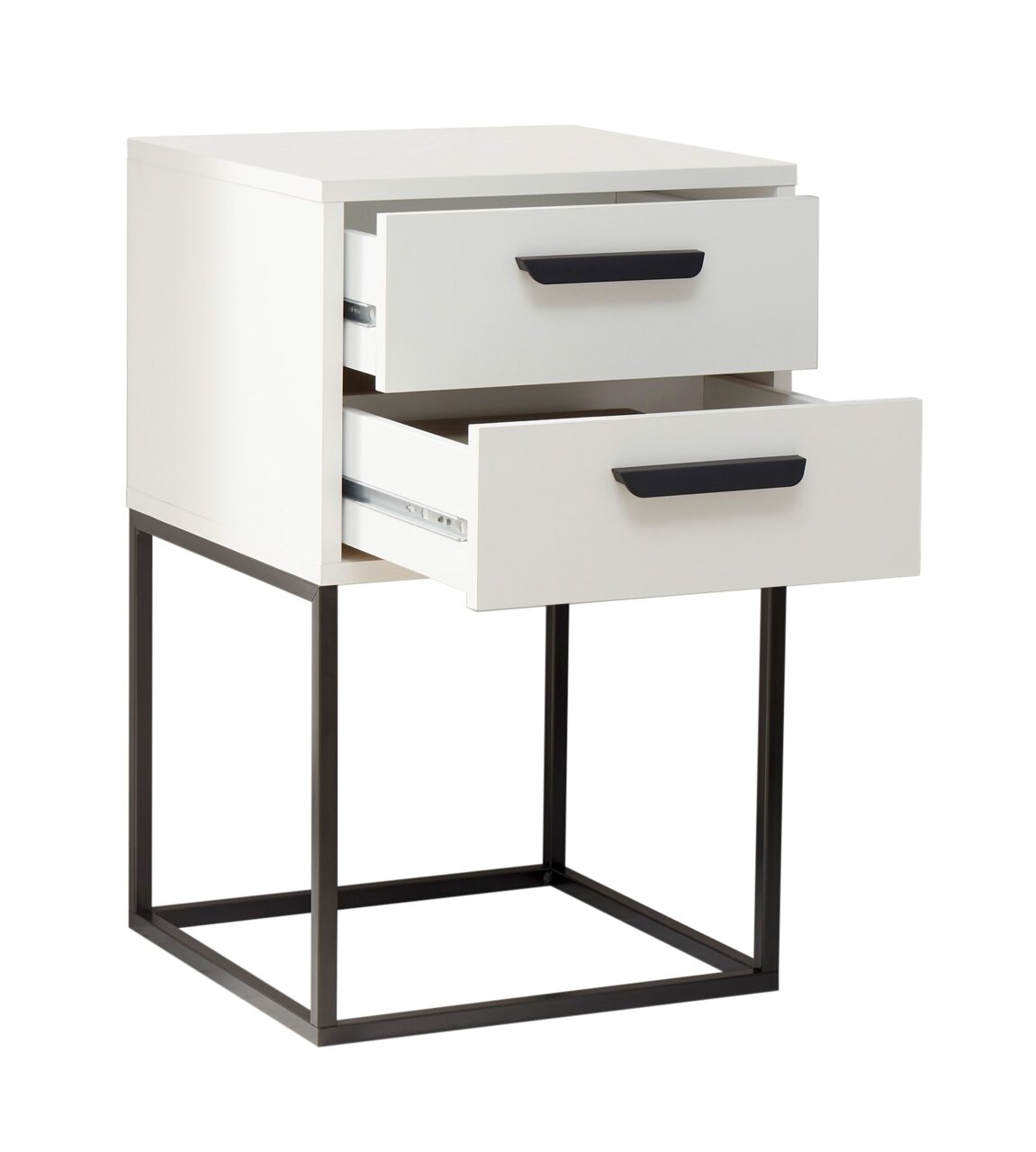Moderne weiße Nachtkommode mit zwei offenen Schubladen und schwarzem Metallgestell, seitliche Perspektive