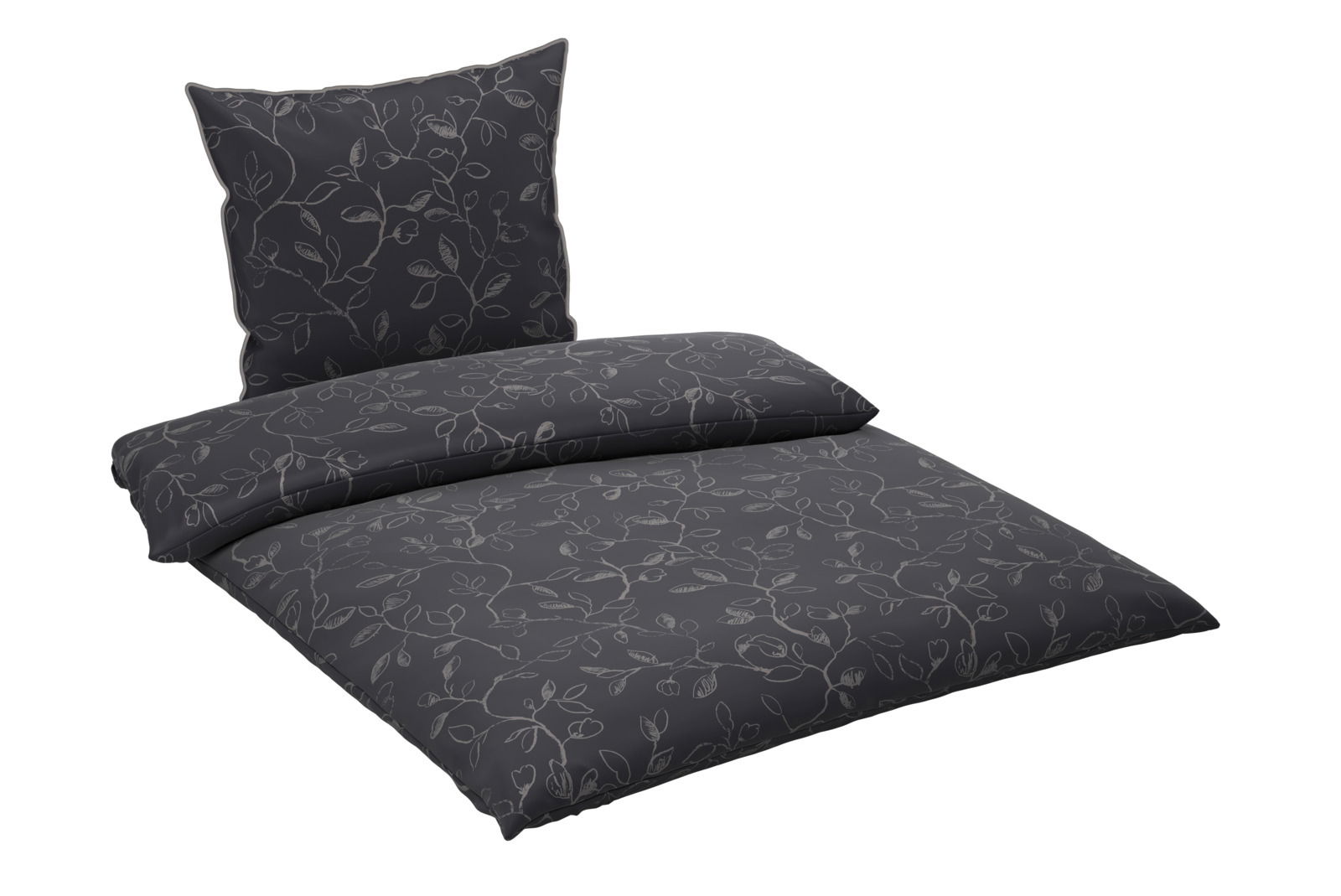Dunkle Bettwäsche mit floralem Muster, seitliche Perspektive