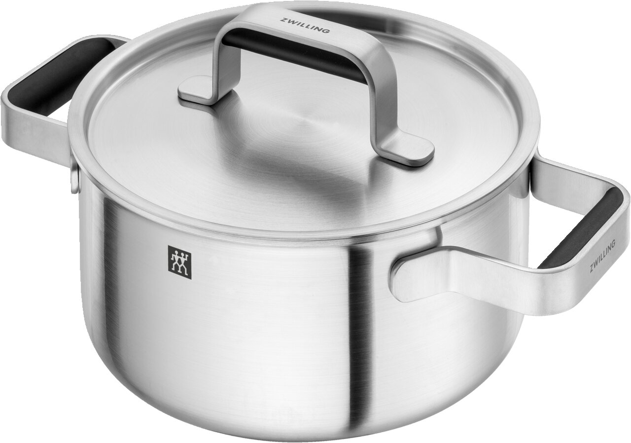 Edelstahlkochtopf mit Deckel und Griffen, seitliche Perspektive