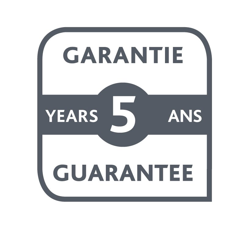 Logo met 5 jaar garantie in grijze kleur, vooraanzicht