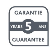 Logo met 5 jaar garantie in grijze kleur, vooraanzicht