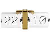 Flip-Uhr ohne Gehäuse, weiße Ziffernblätter mit schwarzer Schrift, goldene Halterung, Frontalansicht
