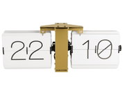 Flip-Uhr ohne Gehäuse, weiße Ziffernblätter mit schwarzer Schrift, goldene Halterung, Frontalansicht