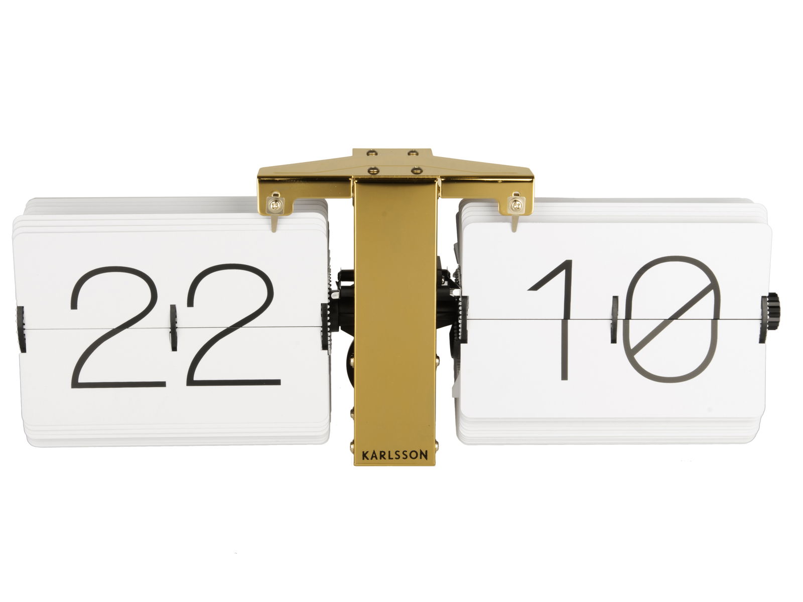 Flip-Uhr ohne Gehäuse, weiße Ziffernblätter mit schwarzer Schrift, goldene Halterung, Frontalansicht